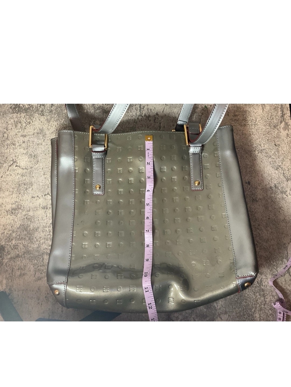 Arcadia Patent Leather Two Tone Silver Tote with Textured Logo Pattern - Picture 8 of 9